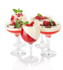 fruit jelly with chocolate and pberries in glasses isolated