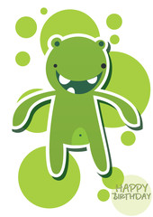 Happy birthday card with cute green monster, vector