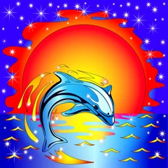 Papier Peint photo Lavable Dauphins sauter le dauphin avant le coucher du soleil sur la mer