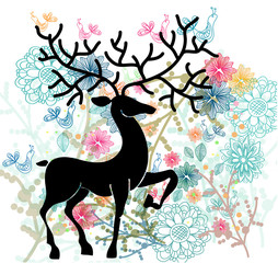 Natural background with deer, flowers and bird