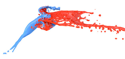 blue and red color splashes collide - isolated on white