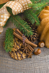 Christmas cakes on brown wooden background (selective focus)