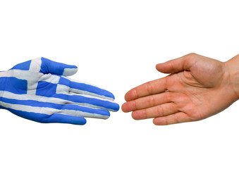 Hand mit griechischer Flagge und Hand ohne Flagge - obrazy, fototapety, plakaty