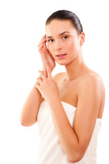 Portrait of Fresh and Beautiful brunette woman wearing white tow