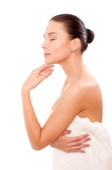 Portrait of Fresh and Beautiful brunette woman wearing white tow