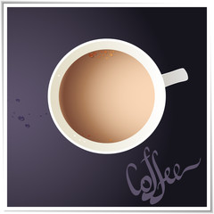 Coffee cup with world map on background, top view.