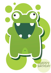 Happy birthday card with cute green monster, vector