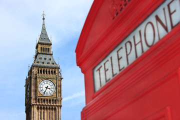 Fototapeta na wymiar London phone box with Big Ben in background