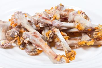 gnawed chicken bones close up