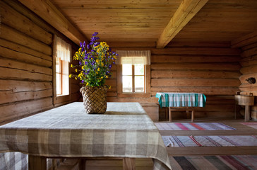 Old wooden interior. Russian obsolete rural interior