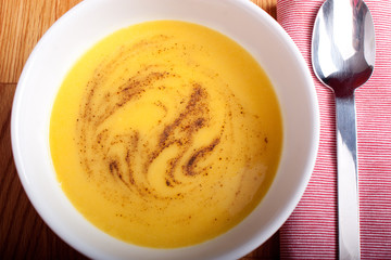 pumpkin and leek soup in a bowl