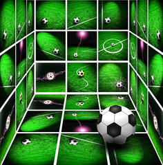 The room with big Collage of footbal posters with stadium arena