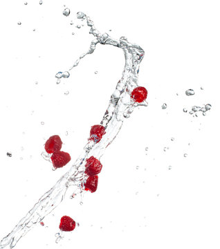 Raspberries in water splash, isolated on white background