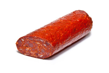 Large Chorizo sausage  isolated on a white studio background.