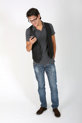 Cool guy on white background with smartphone