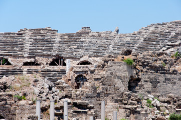 The ruins of the ancient amphitheater in Side, Turkey
