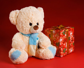Bear in a festive scarf with a gift