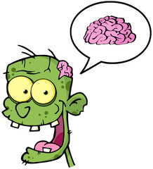 Zombie Head Cartoon Character And Speech Bubble With Brain