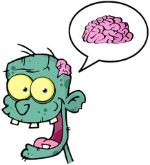 Obraz premium Happy Zombie Head And Speech Bubble With Brain