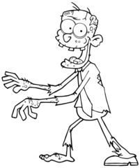 Outlined Cartoon Zombie Walking With Hands In Front