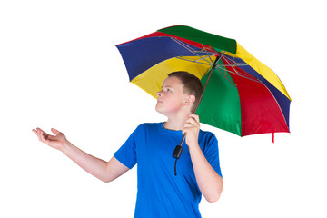 Man holding a rainbow coloured umbrella