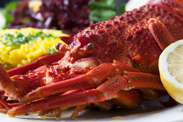 Crayfish served with rise and lettuce