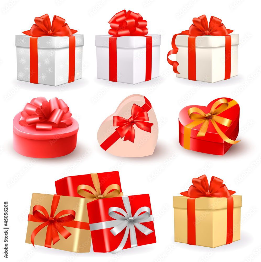 Poster set of color vector gift boxes with bows and ribbons