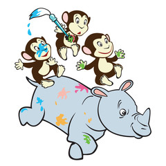 three cute monkeys riding rhino