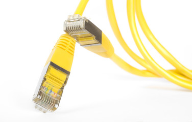 yellow network cable,close up, isolated on white background