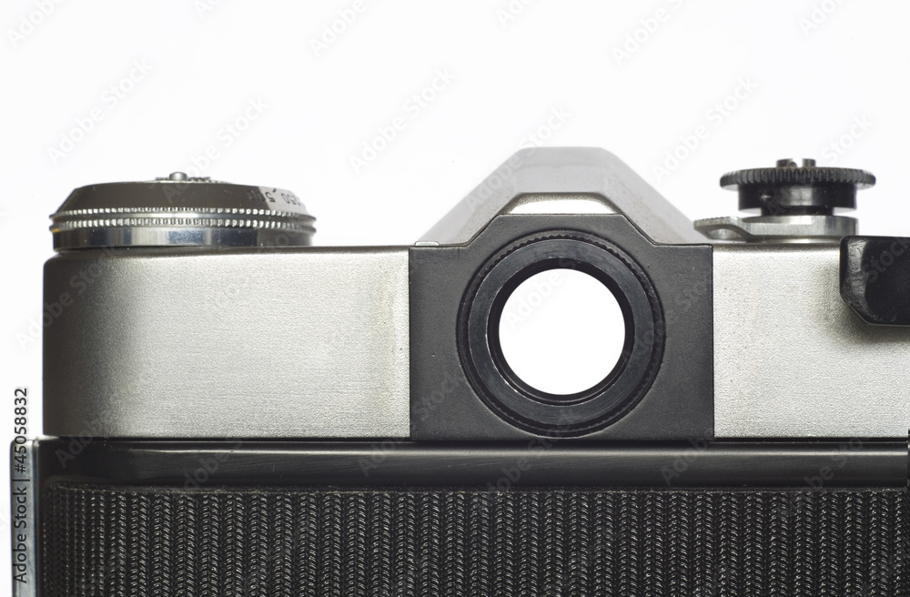 Poster viewfinder of a vintage analog slr camera, isolated, free copy s