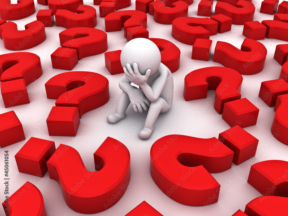 Aufkleber depressed 3d man sitting with red question marks on white