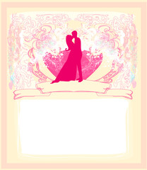 Floral greeting card with silhouette of romantic couple