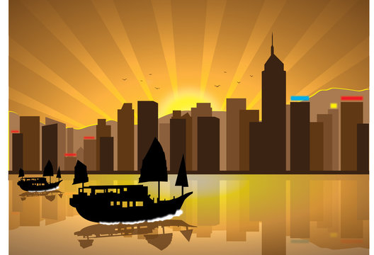 Silhouette illustration of boats cityscape during sunset