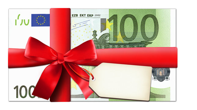 100 Euro mit roter Schleife und Etikett