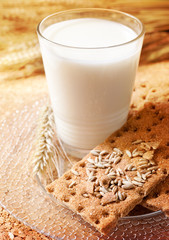 Crispy rye bread and a glass of milk. Healthy Breakfast