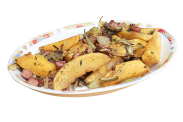 Fried potatoes on plate. All in focus. with clipping path.
