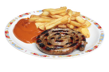 Fried potatoes with grilled sausages on plate.