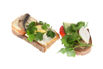 Two bits rye-bread with canned fish, egg and cheese