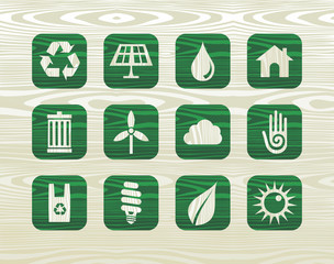 Environmental green icons in organic wood