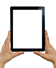 Male hands holding tablet computer. Isolated screen.