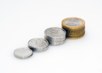 Rising income. Some piles of coins.