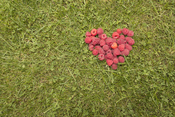 Heart of raspberries on the grass