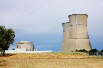 Nuclear power station cooling towers and reactor