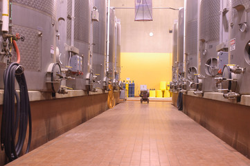 inside a winery cavern with oak  barrels and vats, fermentation and storage tanks