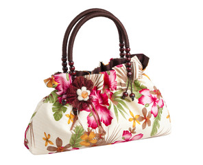 Floral pattern lady hand bag, isolated on white background.