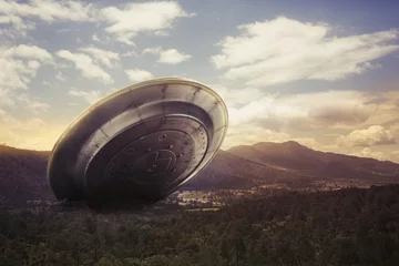 Fotobehang UFO UFO crasht op een vallei