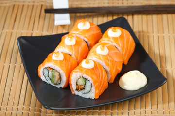 Eatable salmon sushi fresh from Japanese kitchen