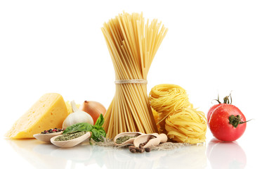 Pasta spaghetti, vegetables and spices, isolated on white