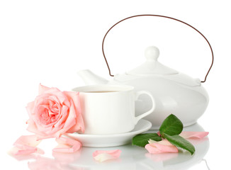 teapot and cup of tea with rose isolated on white