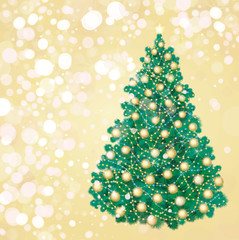 Christmas tree and decorations on golden background.